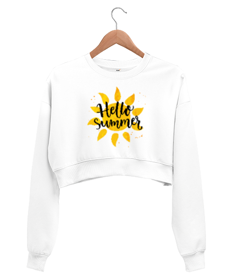 Tisho - HELLO SUMMER Beyaz Kadın Crop Sweatshirt