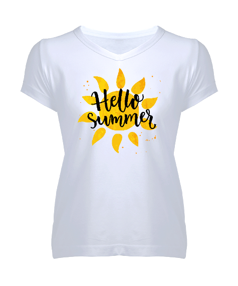 Tisho - HELLO SUMMER Beyaz Kadın V Yaka Tişört