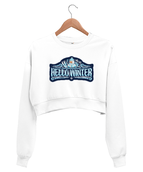 Tisho - Hello Winter - Kış Mevsimi Beyaz Kadın Crop Sweatshirt