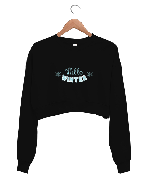 Tisho - Hello Winter Siyah Kadın Crop Sweatshirt