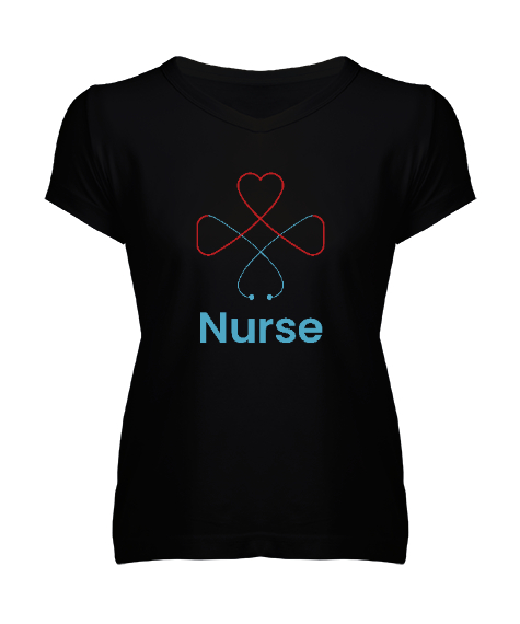 Tisho - Hemşire - Nurse Siyah Kadın V Yaka Tişört