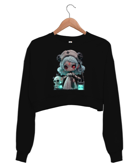 Tisho - Hemşire tasarım Siyah Kadın Crop Sweatshirt