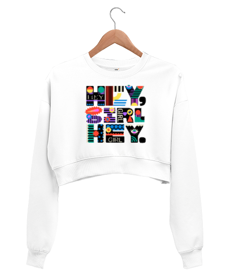 Tisho - Hey Girl Beyaz Kadın Crop Sweatshirt