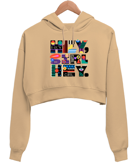 Tisho - Hey Girl Camel Kadın Crop Hoodie Kapüşonlu Sweatshirt