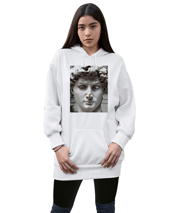 Tisho - Heykelin burnunda arı Kadın Uzun Hoodie Kapüşonlu Sweatshirt