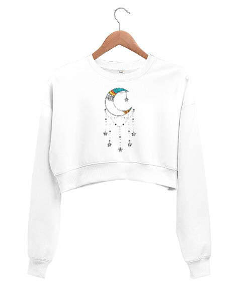 Tisho - Hilal ve Yıldızlar Beyaz Kadın Crop Sweatshirt