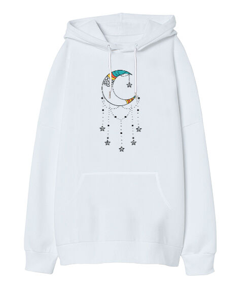 Tisho - Hilal ve Yıldızlar Beyaz Oversize Unisex Kapüşonlu Sweatshirt