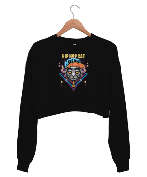 Tisho - Hip Hop Kedi - Cat V1 Siyah Kadın Crop Sweatshirt
