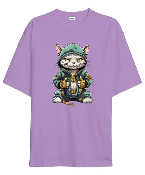 Tisho - Hip Hop Kedi - Cat V2 Lila Oversize Unisex Tişört