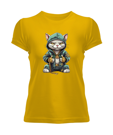 Tisho - Hip Hop Kedi - Cat V2 Sarı Kadın Tişört