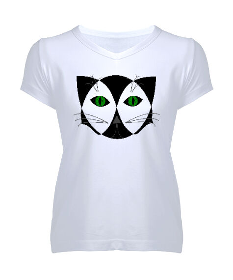 Hipnotize Kedi Beyaz Kadın V Yaka Tişört