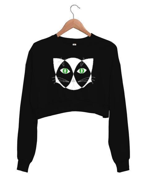 Tisho - Hipnotize Kedi Siyah Kadın Crop Sweatshirt
