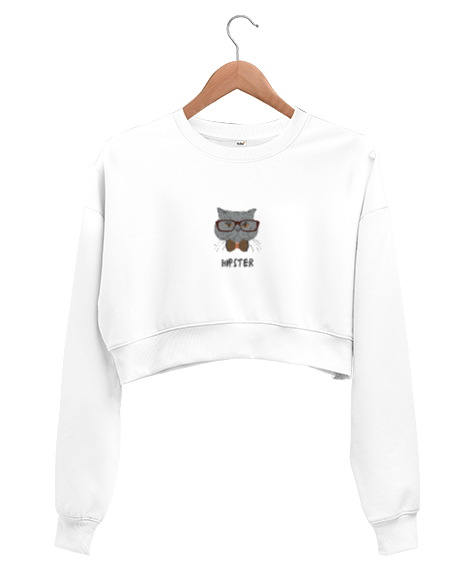 Tisho - Hipster Cat Beyaz Kadın Crop Sweatshirt