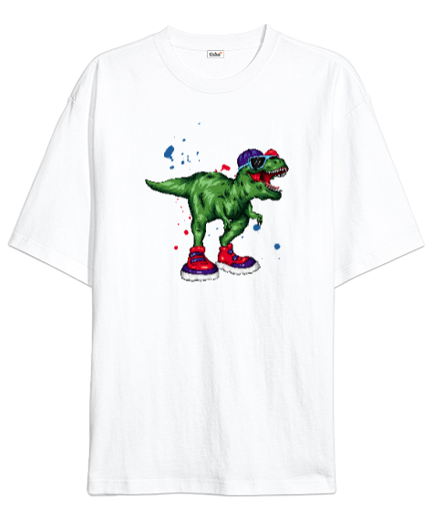 Tisho - Hipster Dinozor Beyaz Oversize Unisex Tişört