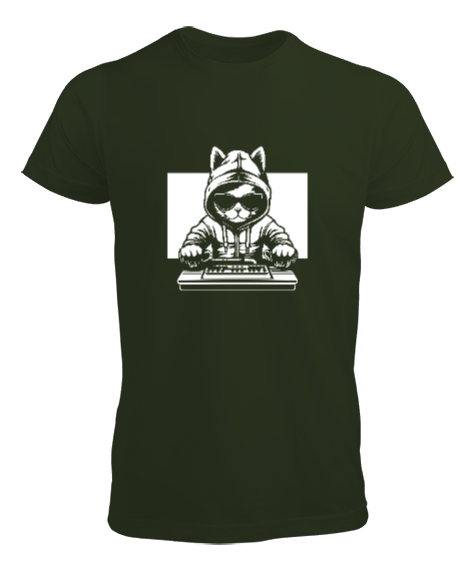 Tisho - Hipster DJ Kedi - Cat Haki Yeşili Erkek Tişört