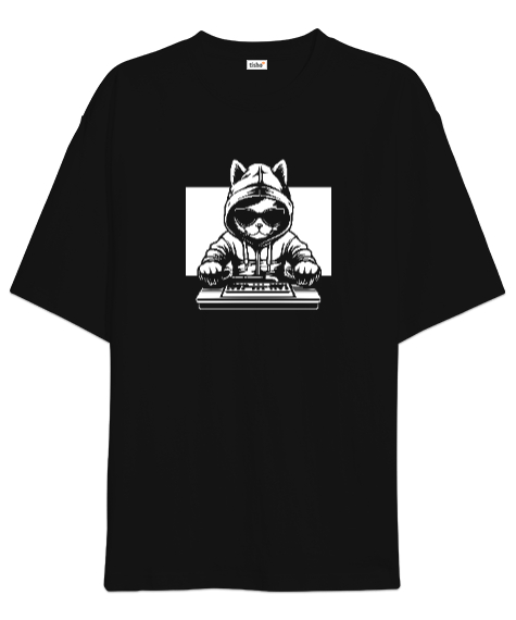 Tisho - Hipster DJ Kedi - Cat Siyah Oversize Unisex Tişört