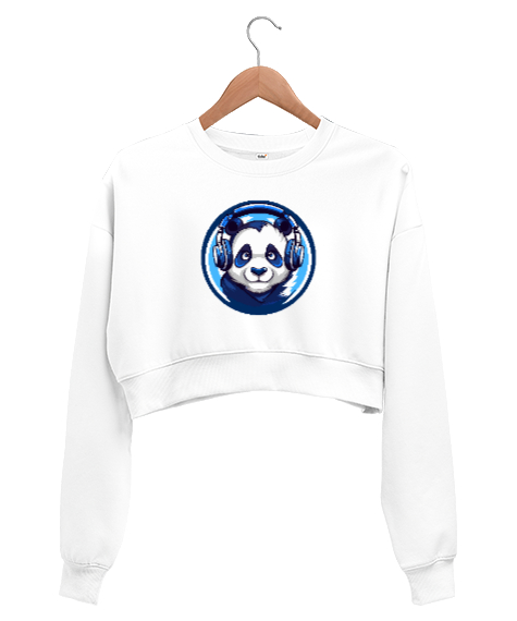 Tisho - Hipster Panda Beyaz Kadın Crop Sweatshirt