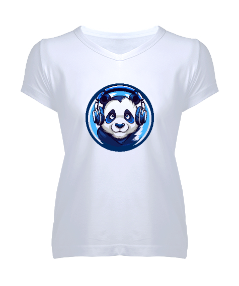 Tisho - Hipster Panda Beyaz Kadın V Yaka Tişört