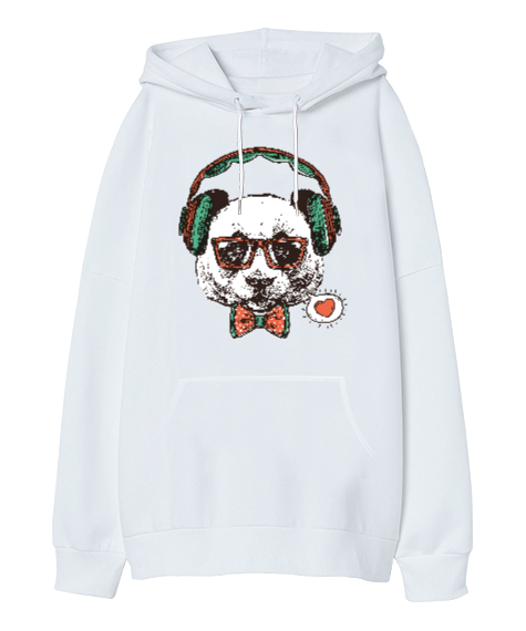 Tisho - Hipster Panda Beyaz Oversize Unisex Kapüşonlu Sweatshirt