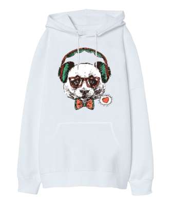Hipster Panda Beyaz Oversize Unisex Kapüşonlu Sweatshirt - Tisho