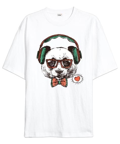 Tisho - Hipster Panda Beyaz Oversize Unisex Tişört