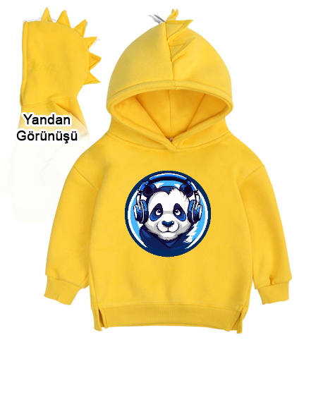 Tisho - Hipster Panda Sarı Çocuk Dinozor Kapşonlu Hoodie