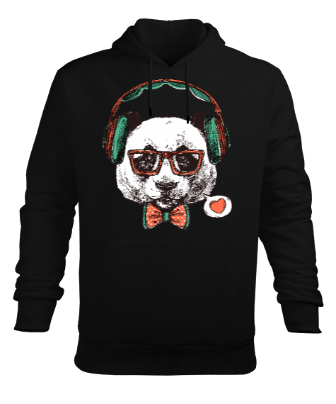 Tisho - Hipster Panda Tasarım Baskılı Siyah Erkek Kapüşonlu Hoodie Sweatshirt