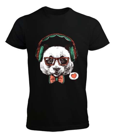 Tisho - Hipster Panda Tasarım Baskılı Siyah Erkek Tişört