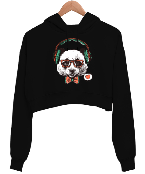 Tisho - Hipster Panda Tasarım Baskılı Siyah Kadın Crop Hoodie Kapüşonlu Sweatshirt