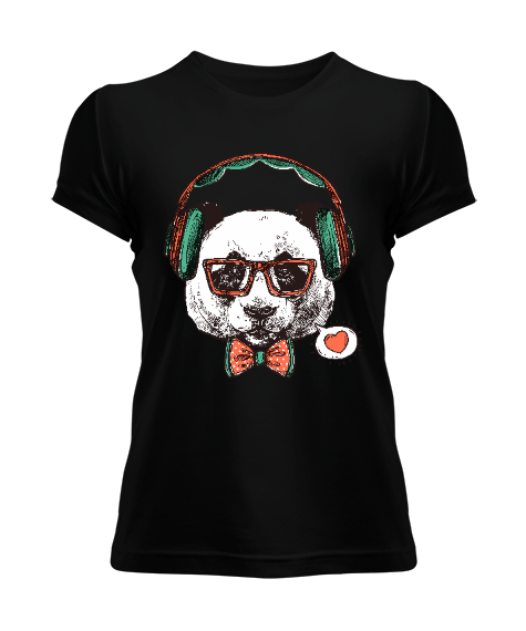 Tisho - Hipster Panda Tasarım Baskılı Siyah Kadın Tişört