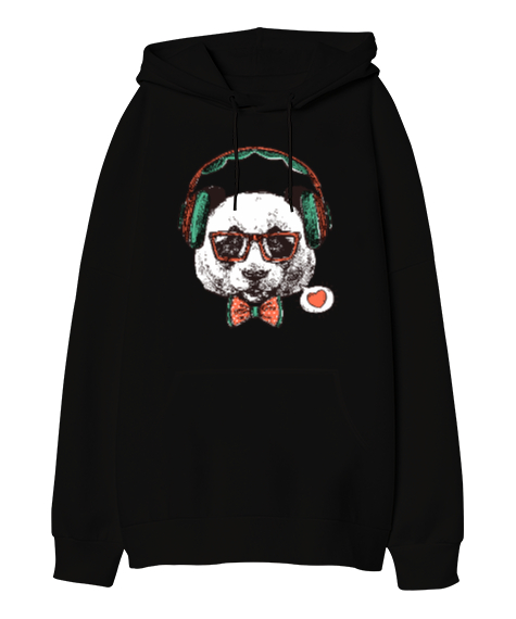 Tisho - Hipster Panda Tasarım Baskılı Siyah Oversize Unisex Kapüşonlu Sweatshirt