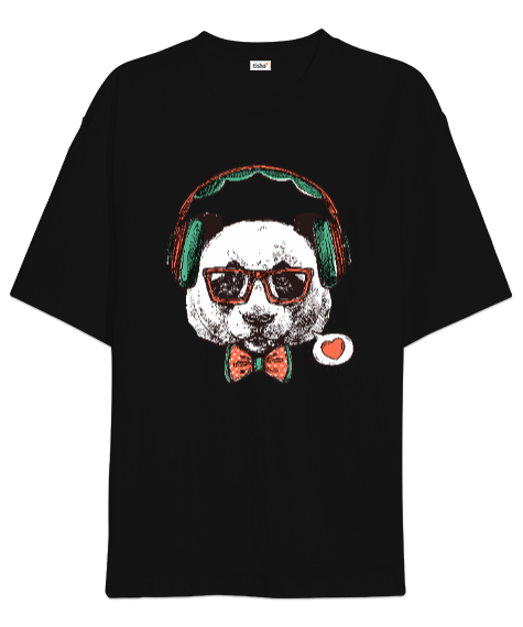 Tisho - Hipster Panda Tasarım Baskılı Siyah Oversize Unisex Tişört