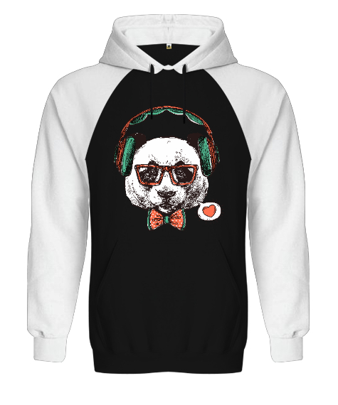 Tisho - Hipster Panda Tasarım Baskılı Siyah/Beyaz Orjinal Reglan Hoodie Unisex Sweatshirt