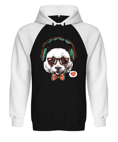 Hipster Panda Tasarım Baskılı Siyah/Beyaz Orjinal Reglan Hoodie Unisex Sweatshirt - Tisho