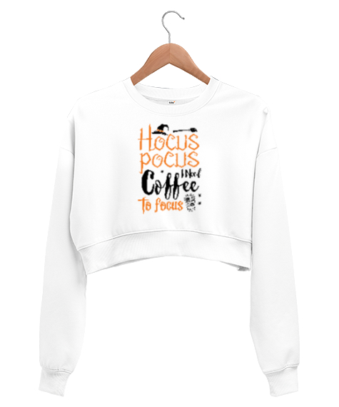 Tisho - Hocus Pocus Coffee - Hokus Pokus Kahve Beyaz Kadın Crop Sweatshirt
