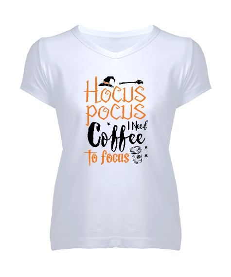 Tisho - Hocus Pocus Coffee - Hokus Pokus Kahve Beyaz Kadın V Yaka Tişört