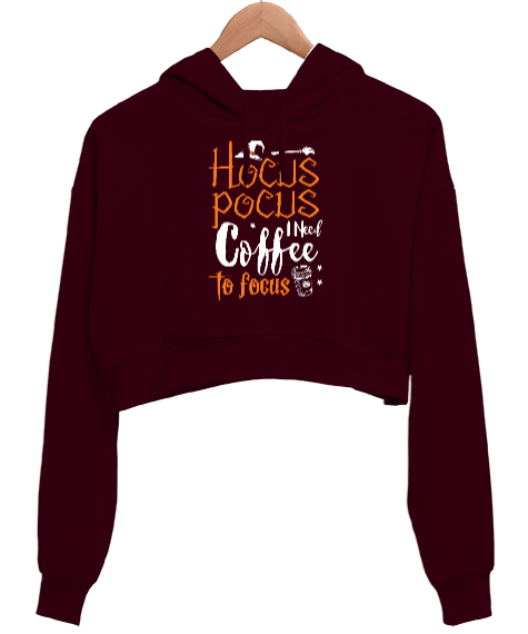 Tisho - Hocus Pocus Coffee - Hokus Pokus Kahve Bordo Kadın Crop Hoodie Kapüşonlu Sweatshirt