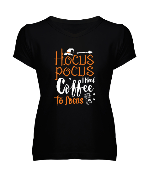 Tisho - Hocus Pocus Coffee - Hokus Pokus Kahve Siyah Kadın V Yaka Tişört