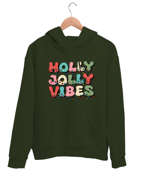 Tisho - Holly Jolly haki Haki Yeşili Unisex Kapşonlu Sweatshirt