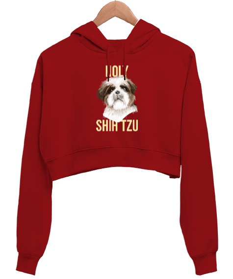 Tisho - Holy Shih Tzu Kırmızı Kadın Crop Hoodie Kapüşonlu Sweatshirt