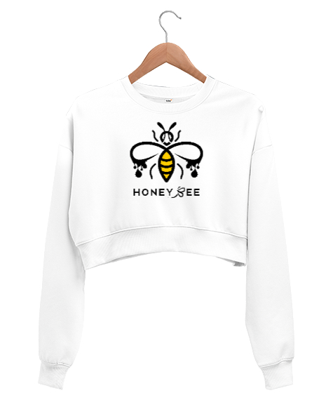 Tisho - Honey Bee - Bal Arısı Beyaz Kadın Crop Sweatshirt