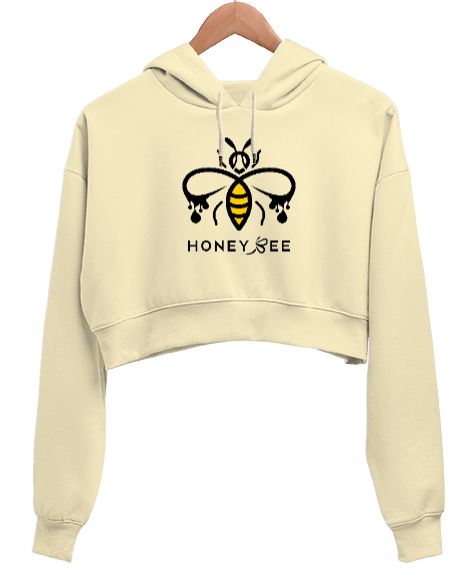 Tisho - Honey Bee - Bal Arısı Krem Kadın Crop Hoodie Kapüşonlu Sweatshirt