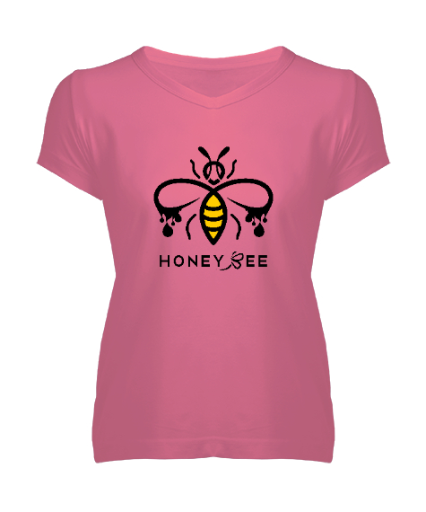 Tisho - Honey Bee - Bal Arısı Pembe Kadın V Yaka Tişört