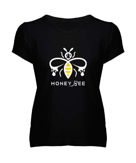 Tisho - Honey Bee - Bal Arısı Siyah Kadın V Yaka Tişört