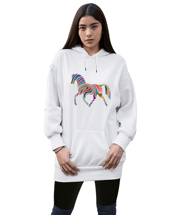 Tisho - Horse Kadın Uzun Hoodie Kapüşonlu Sweatshirt