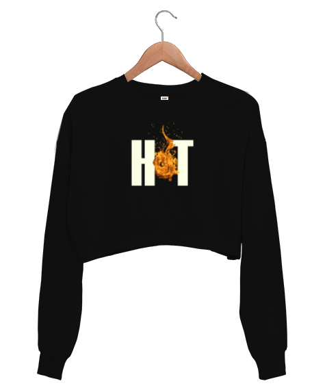 Tisho - Hot- Alev, Sıcak Siyah Kadın Crop Sweatshirt