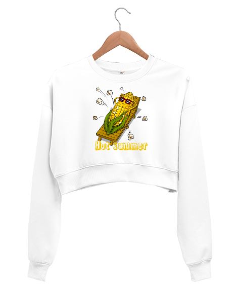 Tisho - Hot Summer - Popcorn - Patlayan Mısır Beyaz Kadın Crop Sweatshirt