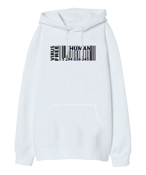 Tisho - Human Barcode - Barkod Beyaz Oversize Unisex Kapüşonlu Sweatshirt