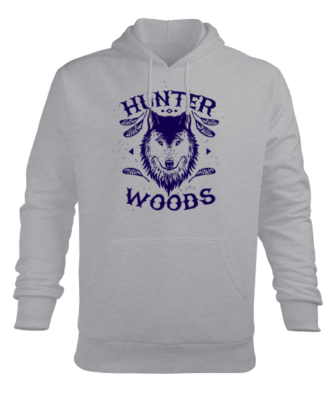 Tisho - Hunter Wolf - Kurt Gri Erkek Kapüşonlu Hoodie Sweatshirt