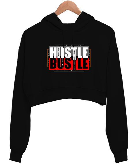 Tisho - Hustle Siyah Kadın Crop Hoodie Kapüşonlu Sweatshirt